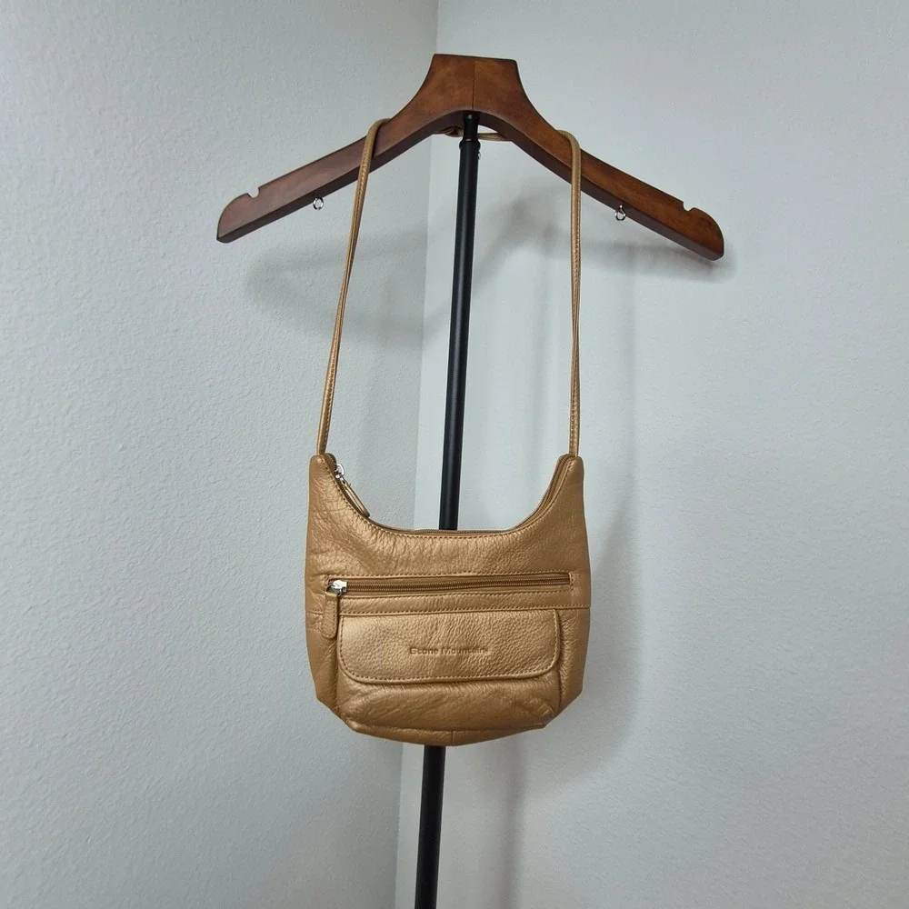 Stone Mountain Tan Pebble Leather Crossbody‎ Bag Small Multi Pocket Purse Hobo